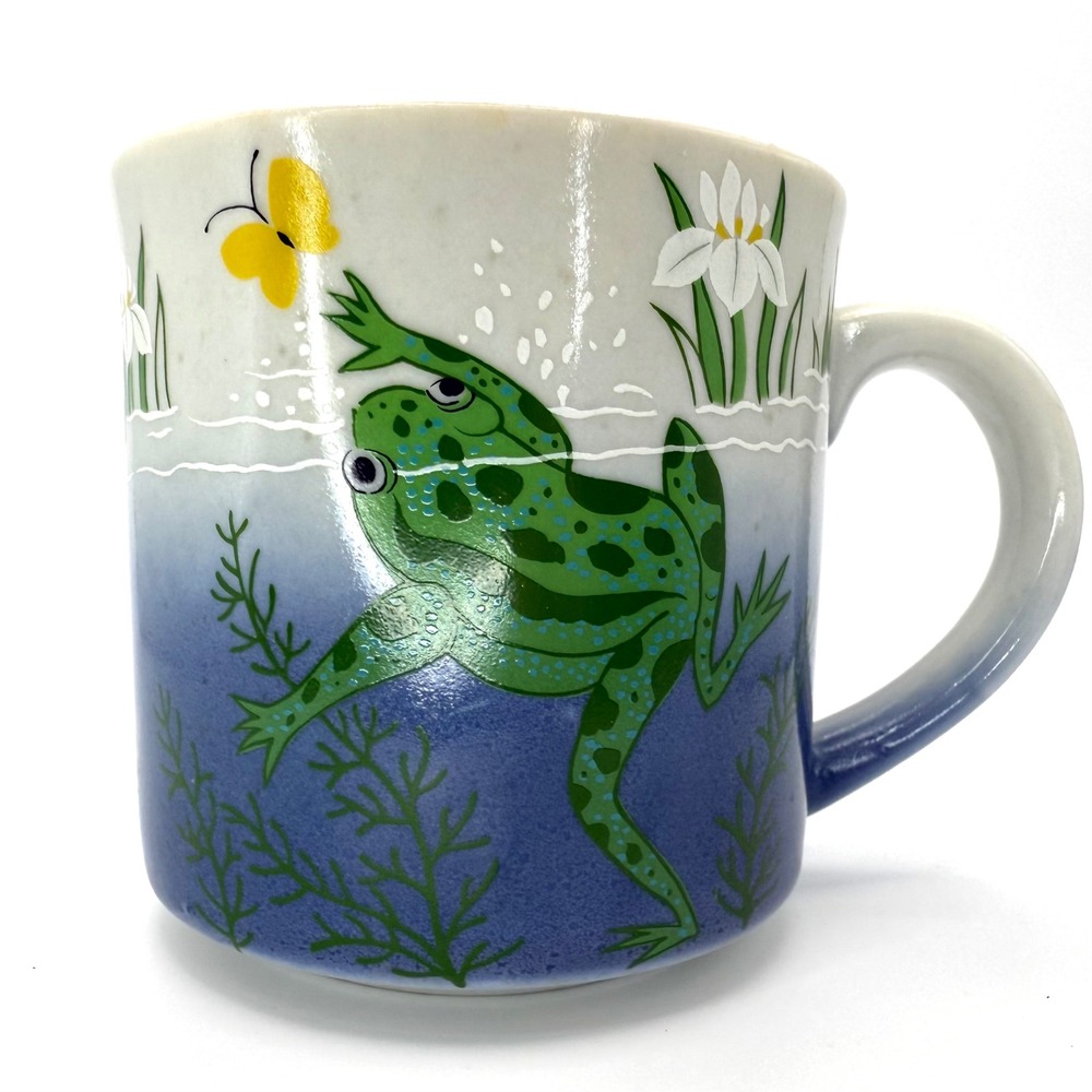 Vintage Frog Coffee Mug Whimsical Pond Butterfly Floral Ceramic‎ Tea Cup READ